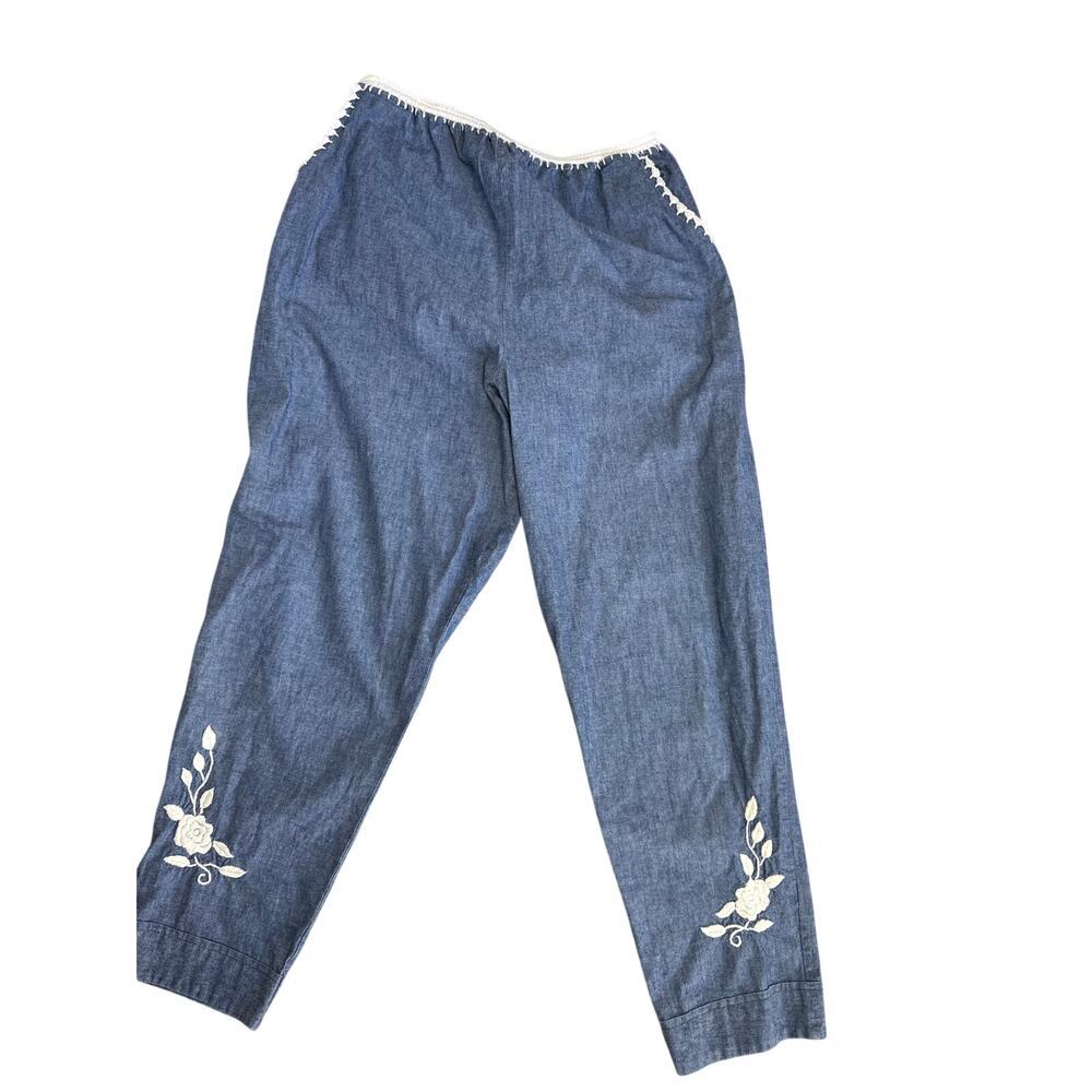 Chambray Cotton Embroidered Floral Pants Elastic Waist Boho Cottagecore Medium